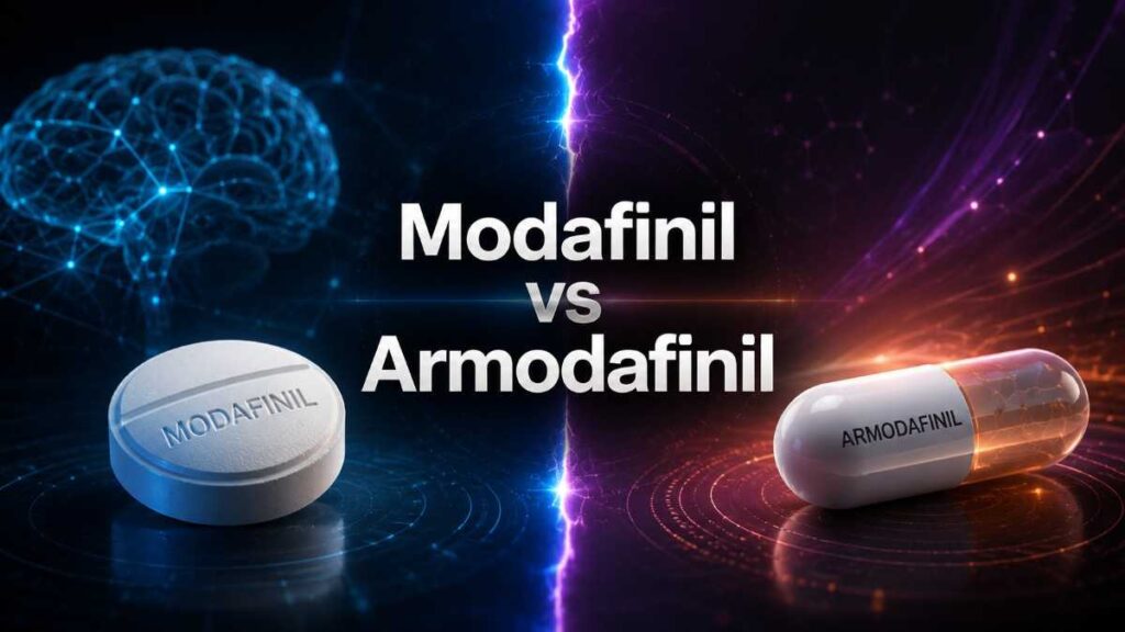 Modafinil vs Armodafinil comparison thumbnail showing wakefulness drugs with futuristic blue and purple medical design