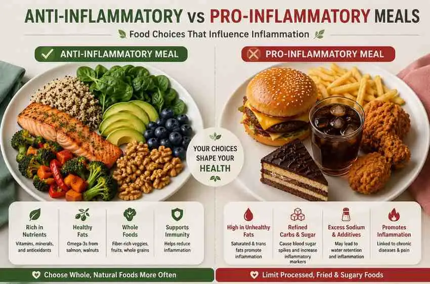 Side-by-side comparison of anti-inflammatory and pro-inflammatory meals with healthy and processed food choices