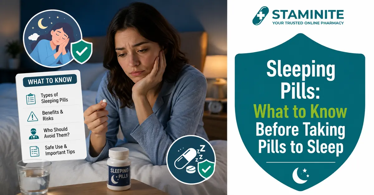 Sleeping pills guide showing key safety tips, risks, and considerations before taking pills for sleep.