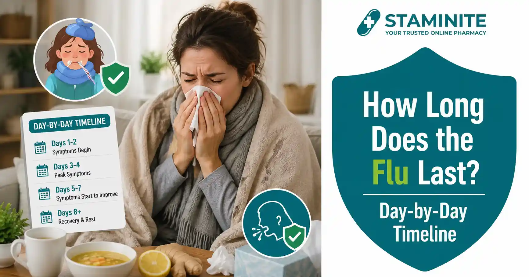 How long the flu lasts day-by-day timeline showing symptoms, peak illness, recovery stages, and self-care tips.