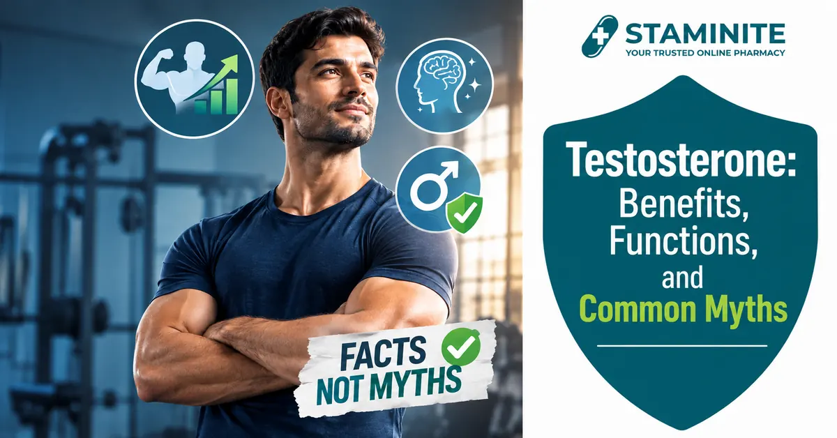 Testosterone benefits, functions, and common myths explained in a health infographic
